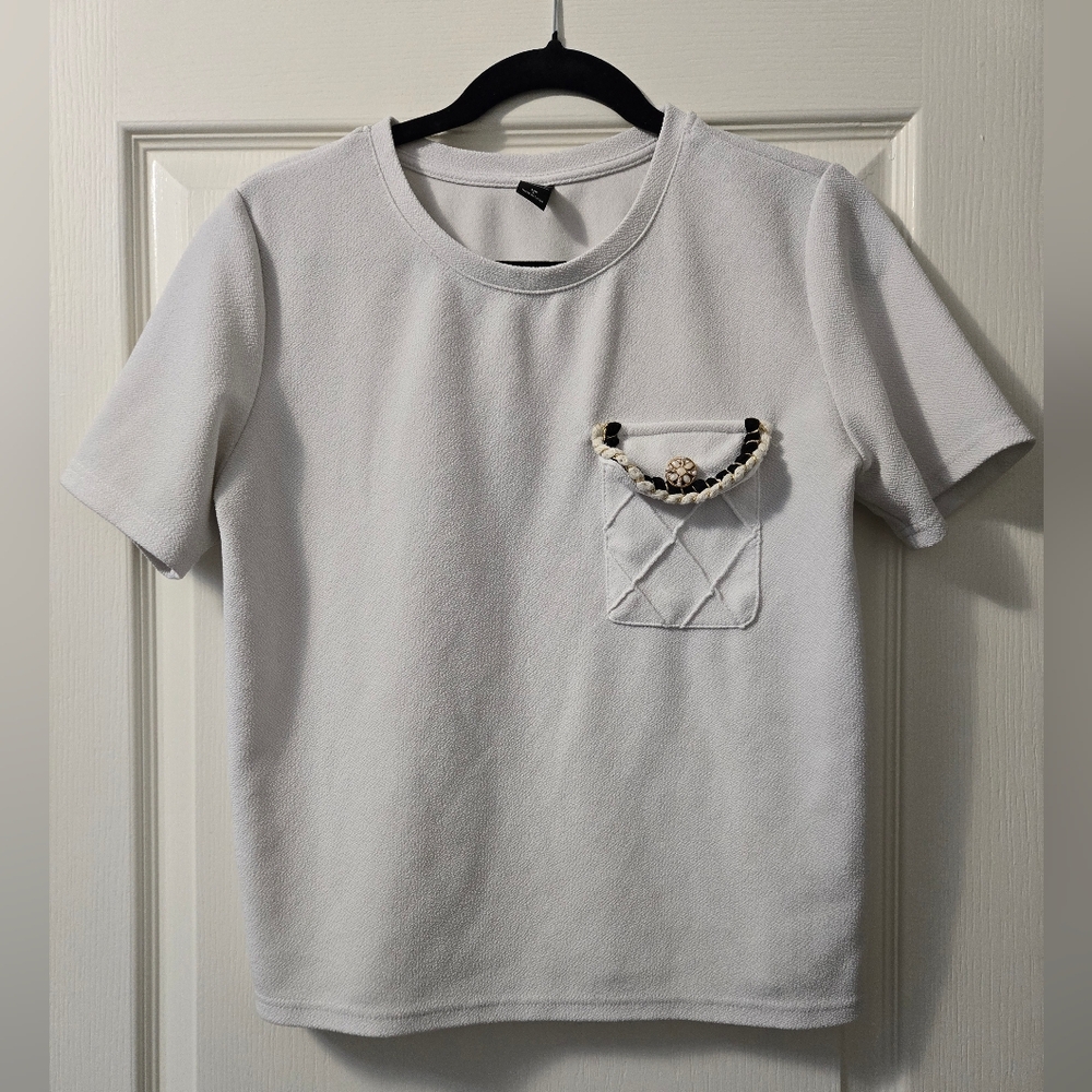 White Short Sleeve Knit Top with Embellished Chest Pocket